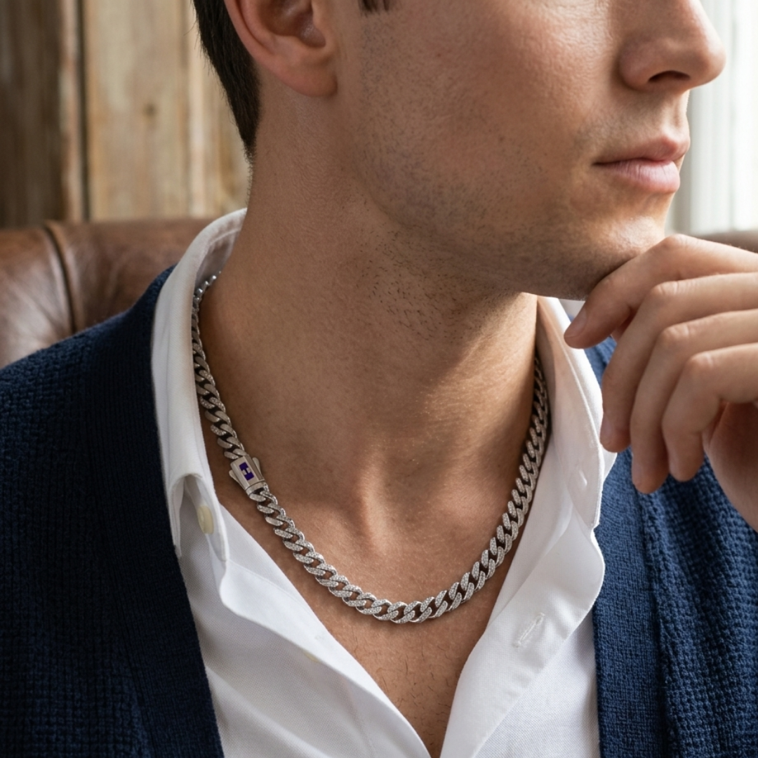 Royal Blue Accent Cuban Silver Chain 7MM