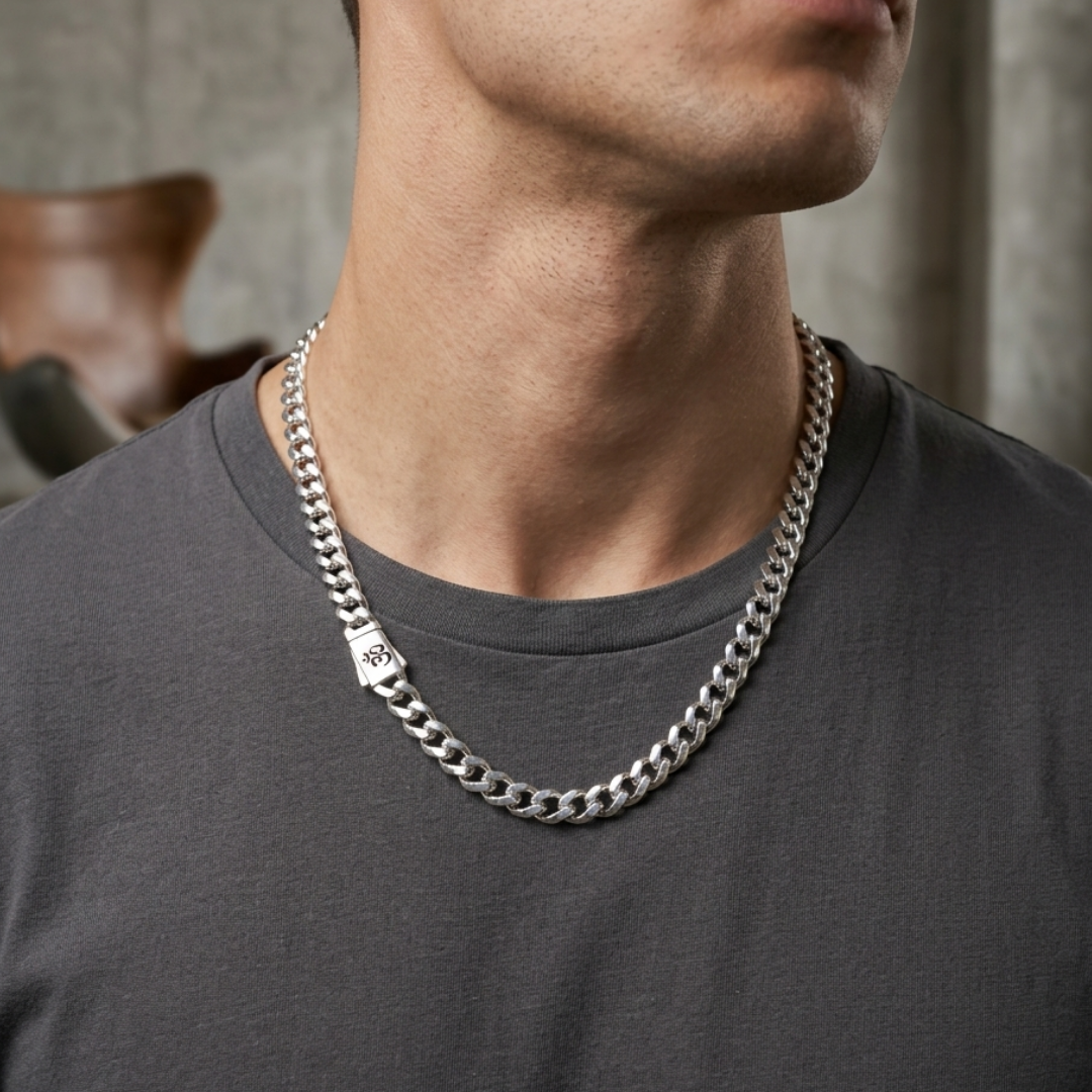 Om Symbol Cuban Silver Chain 7.5MM