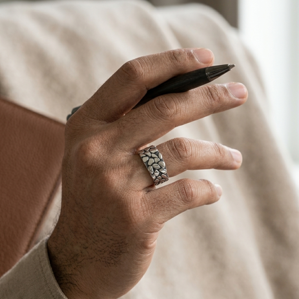 Obsidian Pebble Texture Band Ring – 14mm