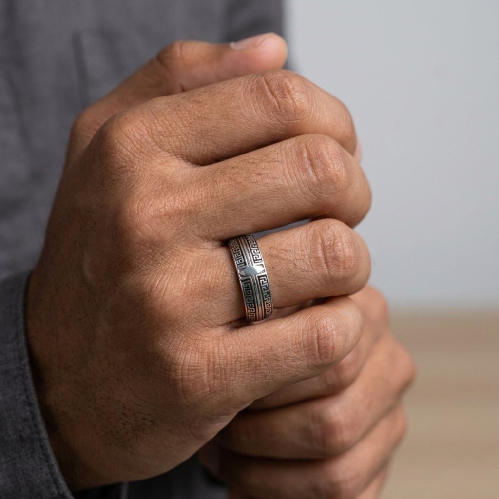 Regal Greek Key Band Ring – 7mm